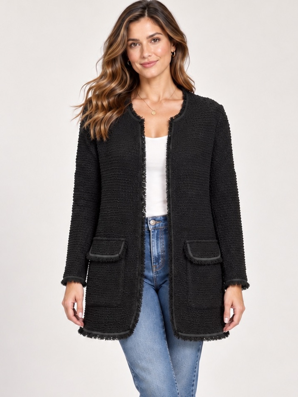 Max Studio Black Bouclé Frayed Longline Tweed Jacket